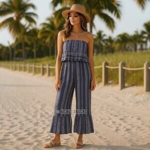 Boho Strapless Wide Leg Jumpsuit Ruffle Hem Smocked Bodice Resort Blue Size M